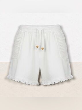 Cotton Natural Fiji Shorts. Women's White Fringe-Hem Knit-Trim Shorts